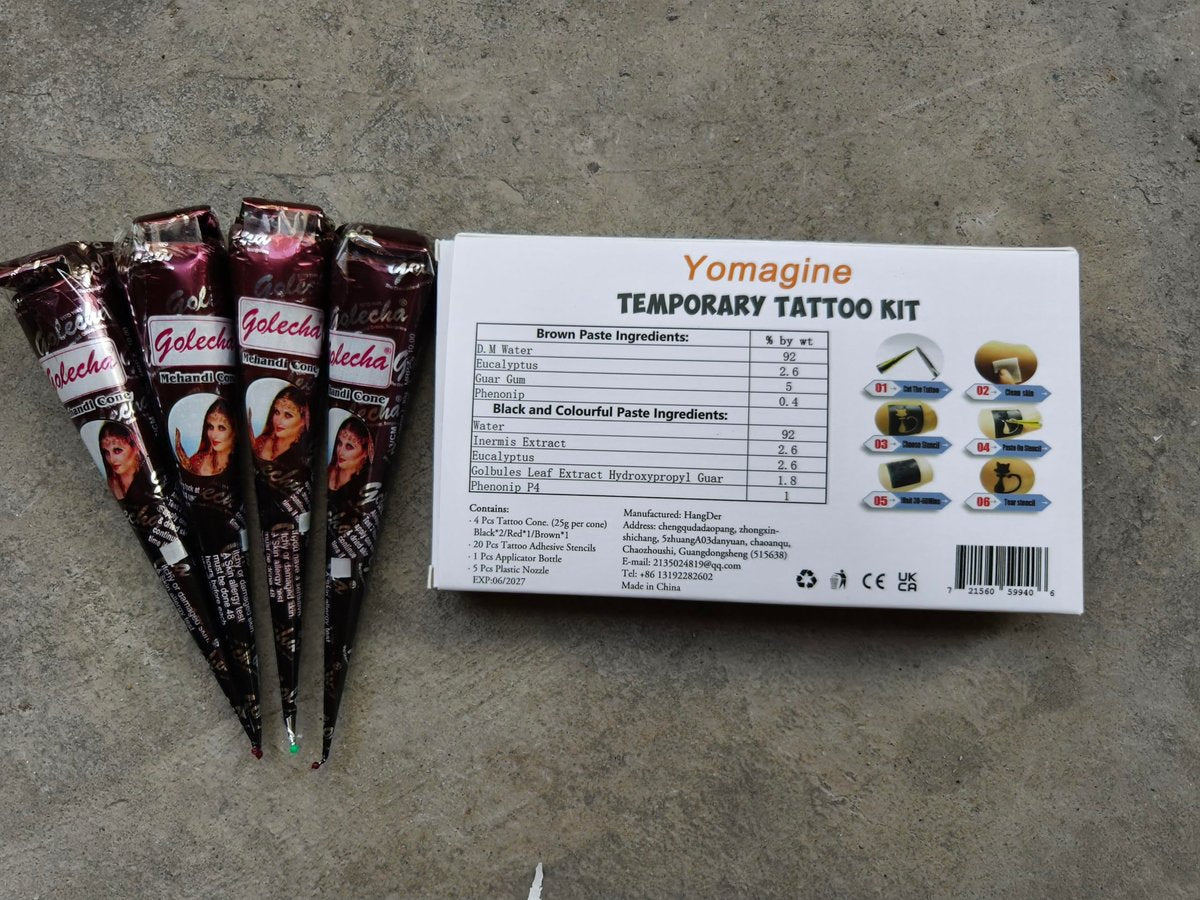 Yomagine Temporary Tattoos Kit – 4 Semi Permanent Tattoo Paste Cones, 3 Colors, 20 Stencils, DIY Body Art for Women, Men & Teens BestDealFocus